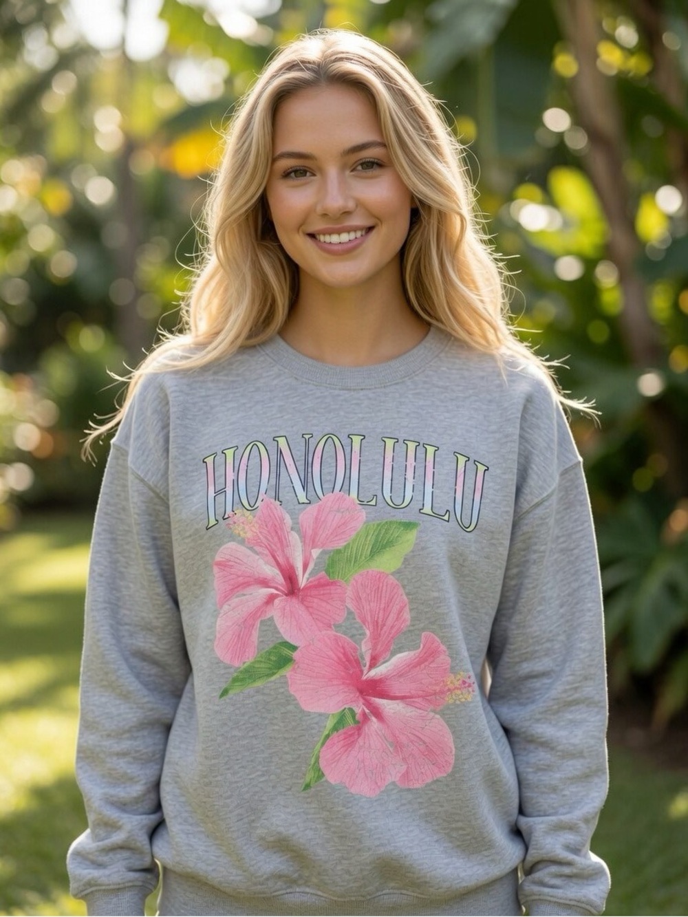 Honolulu Grey Sweatshirt with Pink Hibiscus